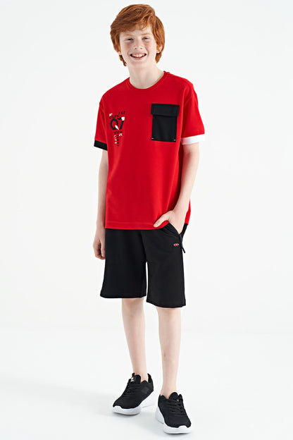 Red O Collar Oversize Pocket Detailed Boys T-Shirt - 11152