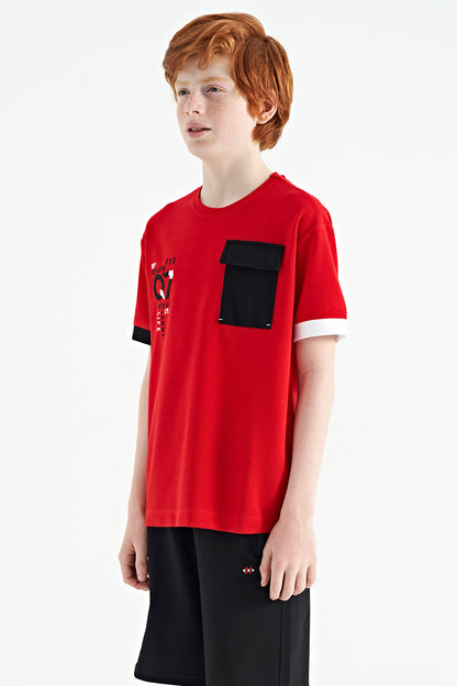 Red O Collar Oversize Pocket Detailed Boys T-Shirt - 11152