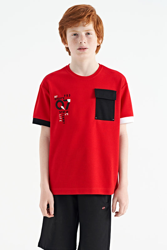 Red O Collar Oversize Pocket Detailed Boys T-Shirt - 11152