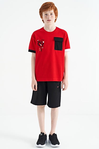 Red O Collar Oversize Pocket Detailed Boys T-Shirt - 11152