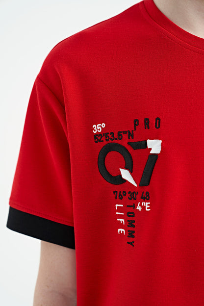 Red O Collar Oversize Pocket Detailed Boys T-Shirt - 11152