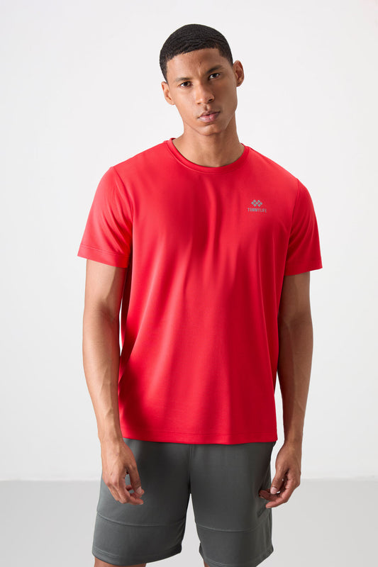 Red O Collar Standard Fit Logo Pattern Active Sport Men's T-Shirt - 88255