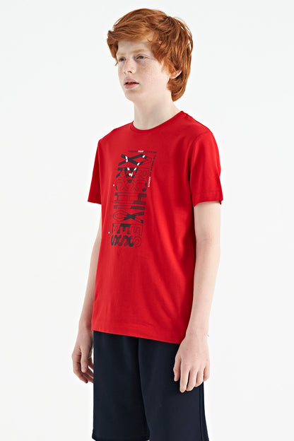 Red Pre-Print Detailed O Collar Standard Fit Boys T-Shirt - 11099