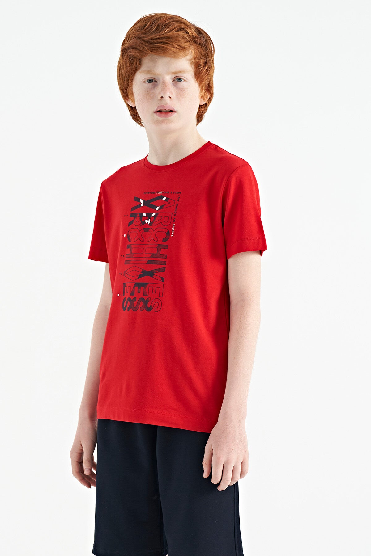 Red Pre-Print Detailed O Collar Standard Fit Boys T-Shirt - 11099