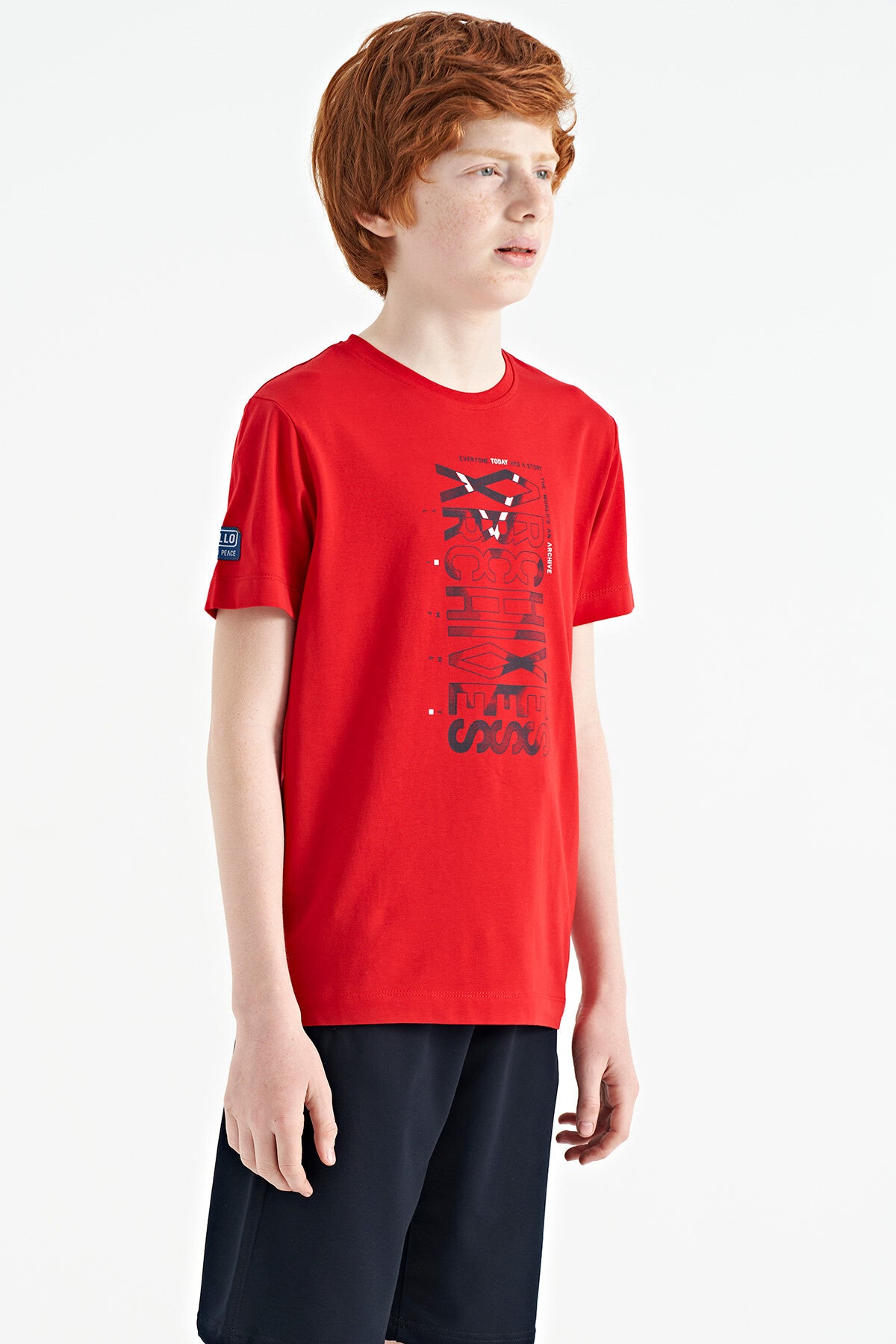 Red Pre-Print Detailed O Collar Standard Fit Boys T-Shirt - 11099