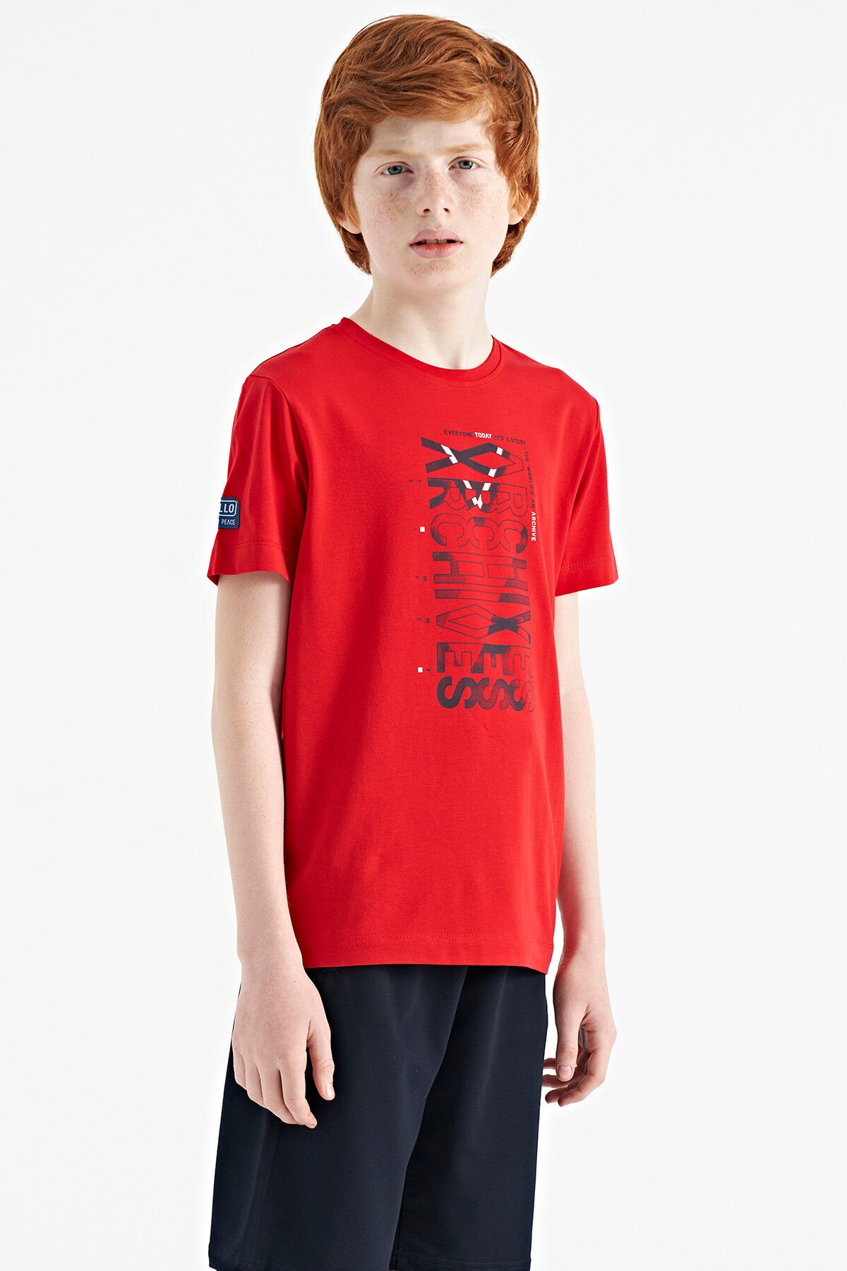 Red Pre-Print Detailed O Collar Standard Fit Boys T-Shirt - 11099