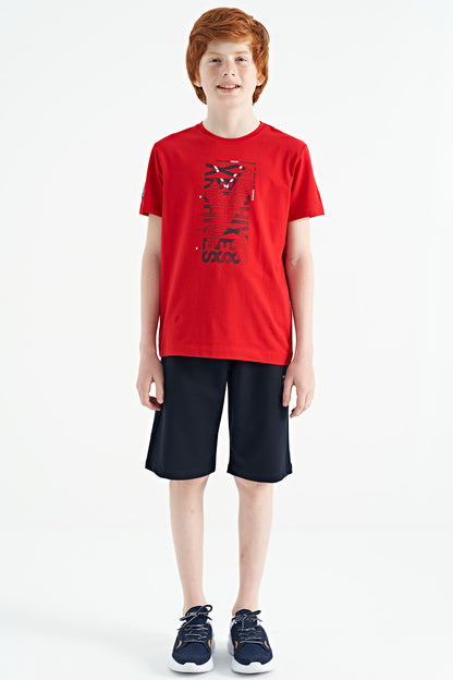 Red Pre-Print Detailed O Collar Standard Fit Boys T-Shirt - 11099
