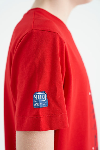 Red Pre-Print Detailed O Collar Standard Fit Boys T-Shirt - 11099