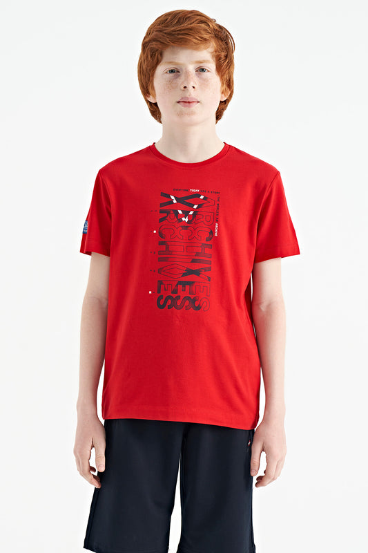 Red Pre-Print Detailed O Collar Standard Fit Boys T-Shirt - 11099