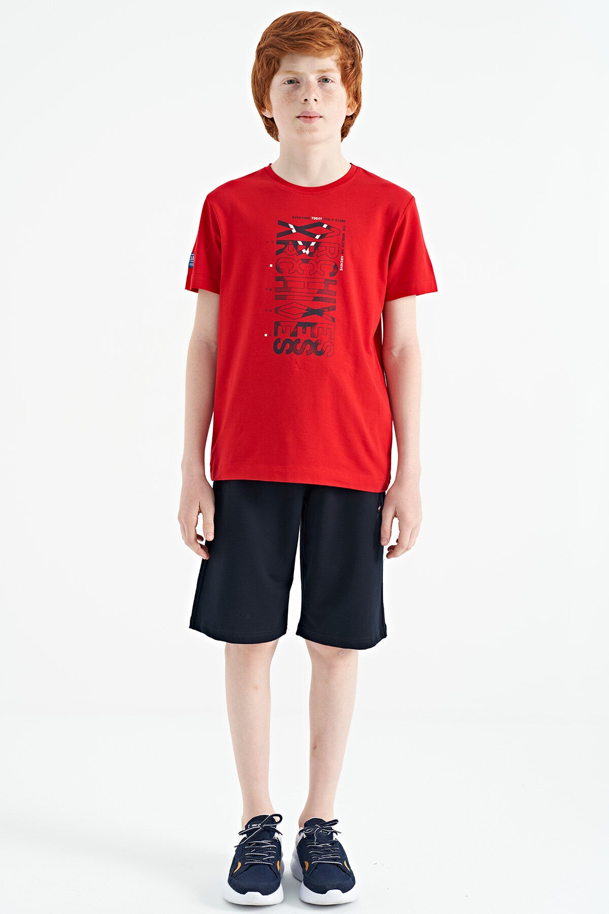 Red Pre-Print Detailed O Collar Standard Fit Boys T-Shirt - 11099