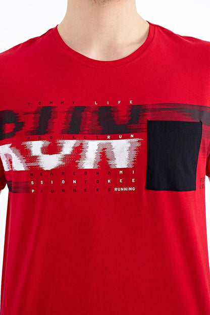 Red Front Pocket Detailed Printed Standard Fit Men's T-shirt - 88200