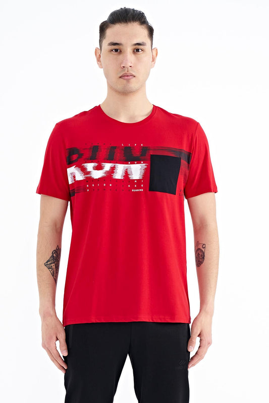 Red Front Pocket Detailed Printed Standard Fit Men's T-shirt - 88200