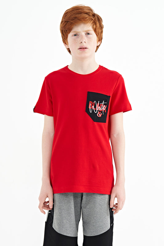 Red Front Pocket Embroidered O Collar Standard Fit Boys' T-Shirt - 11116