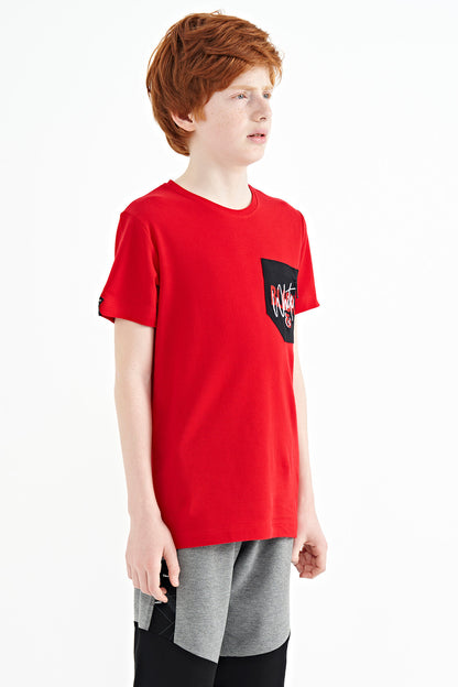 Red Front Pocket Embroidered O Collar Standard Fit Boys' T-Shirt - 11116