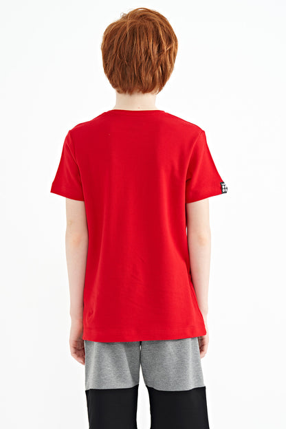 Red Front Pocket Embroidered O Collar Standard Fit Boys' T-Shirt - 11116