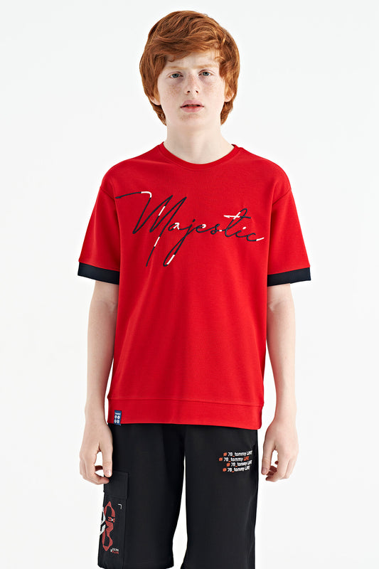 Red Front Letter Embroidered O Collar Oversize Boys T-Shirt - 11147
