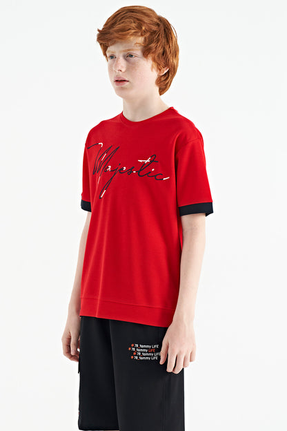 Red Front Letter Embroidered O Collar Oversize Boys T-Shirt - 11147