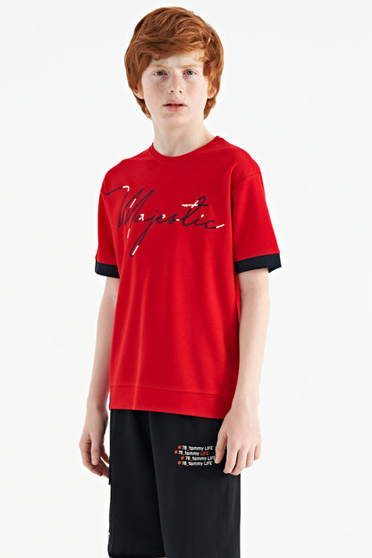 Red Front Letter Embroidered O Collar Oversize Boys T-Shirt - 11147