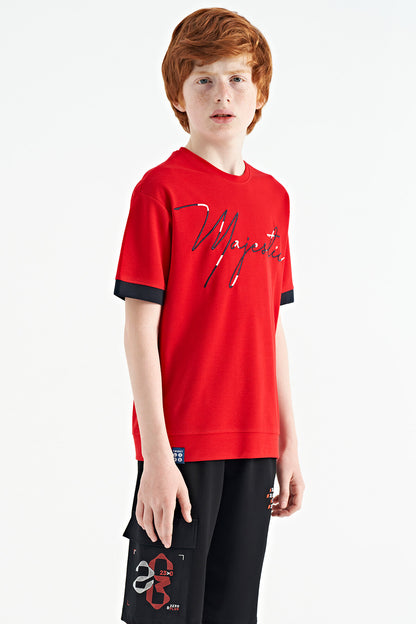 Red Front Letter Embroidered O Collar Oversize Boys T-Shirt - 11147