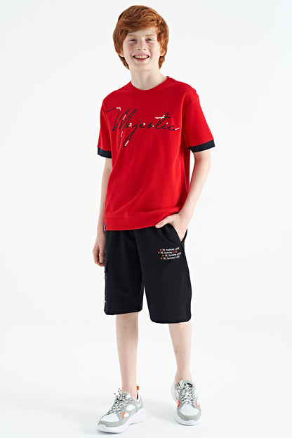 Red Front Letter Embroidered O Collar Oversize Boys T-Shirt - 11147