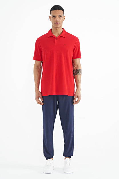 Red Polo Collar Logo Embroidered Standard Fit Men's T-shirt - 88237