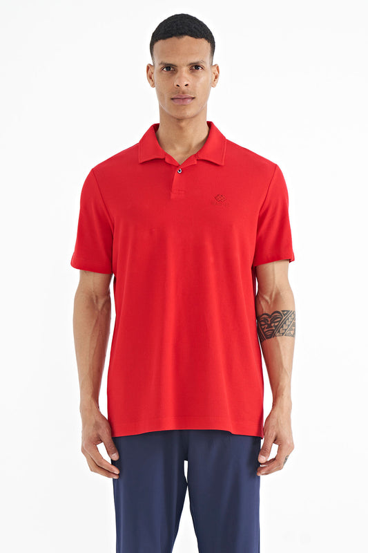 Red Polo Collar Logo Embroidered Standard Fit Men's T-shirt - 88237