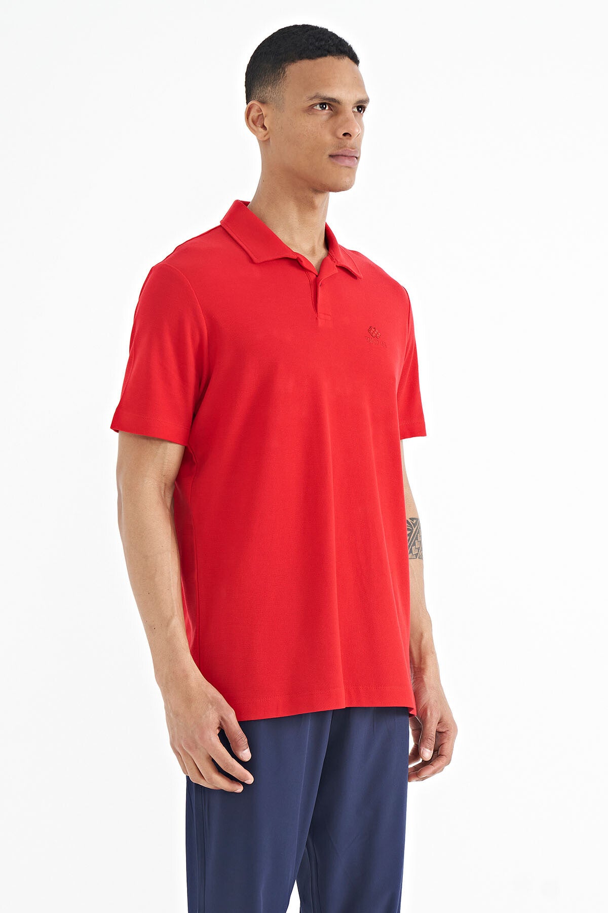 Red Polo Collar Logo Embroidered Standard Fit Men's T-shirt - 88237