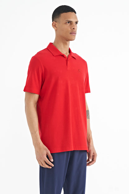 Red Polo Collar Logo Embroidered Standard Fit Men's T-shirt - 88237