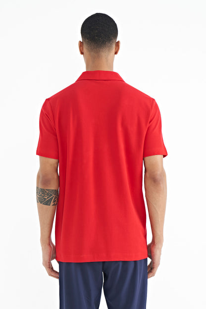 Red Polo Collar Logo Embroidered Standard Fit Men's T-shirt - 88237