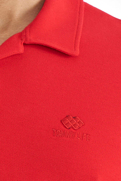 Red Polo Collar Logo Embroidered Standard Fit Men's T-shirt - 88237