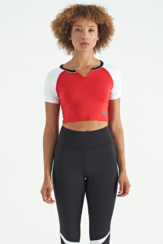 Red Color Block Logo Printed O Neck Slim Fit Women's Crop T-Shirt - 97270
