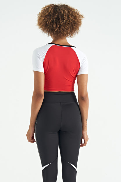 Red Color Block Logo Printed O Neck Slim Fit Women's Crop T-Shirt - 97270