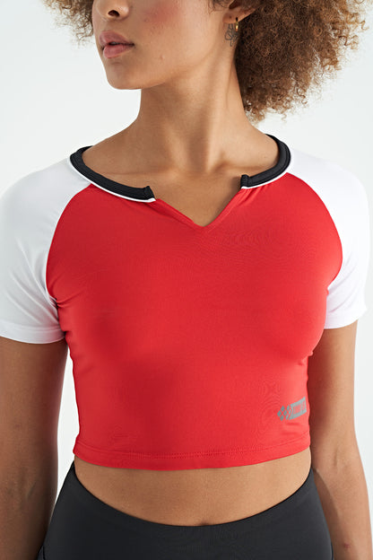 Red Color Block Logo Printed O Neck Slim Fit Women's Crop T-Shirt - 97270