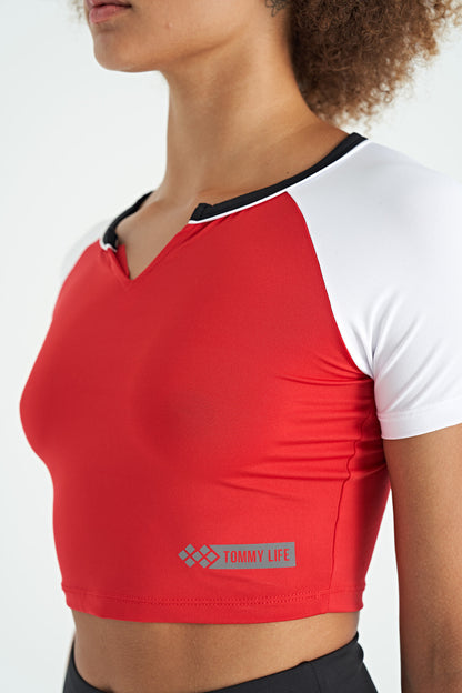 Red Color Block Logo Printed O Neck Slim Fit Women's Crop T-Shirt - 97270