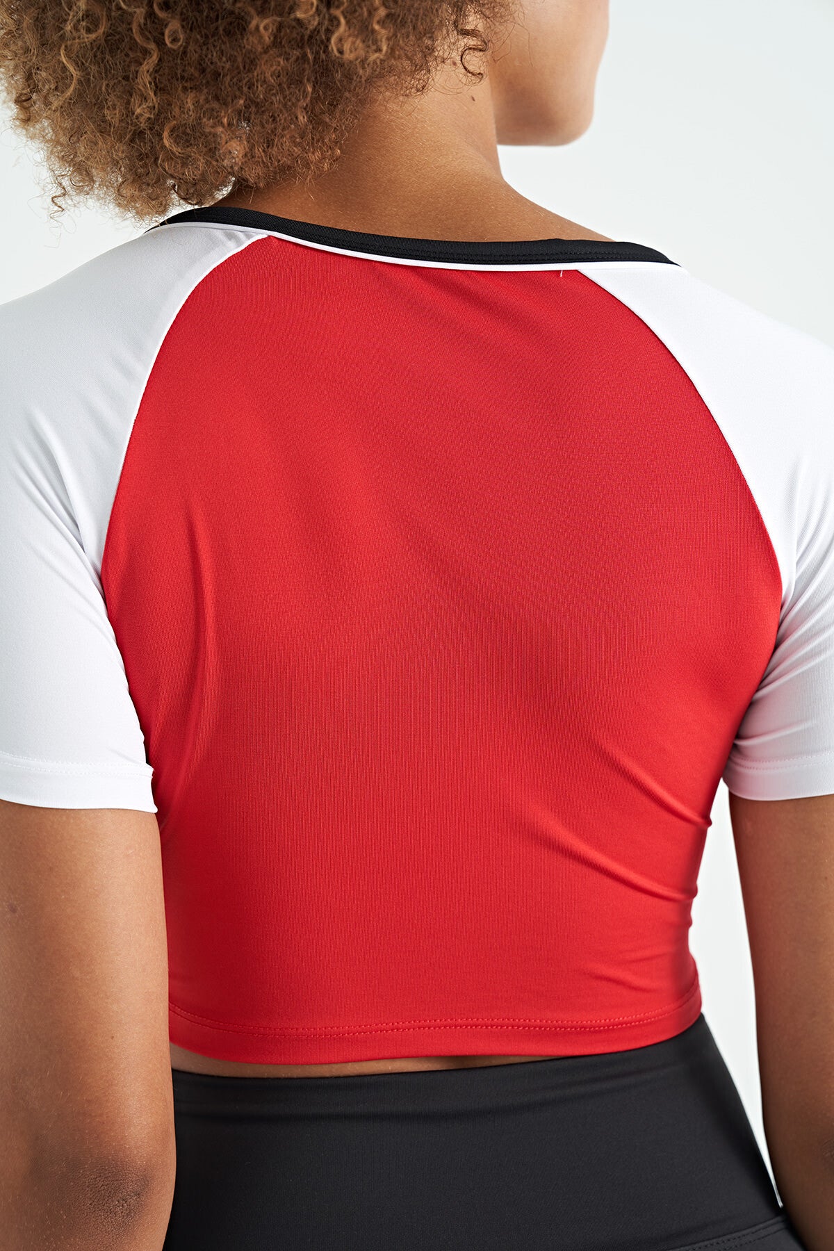 Red Color Block Logo Printed O Neck Slim Fit Women's Crop T-Shirt - 97270