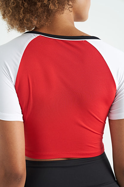 Red Color Block Logo Printed O Neck Slim Fit Women's Crop T-Shirt - 97270