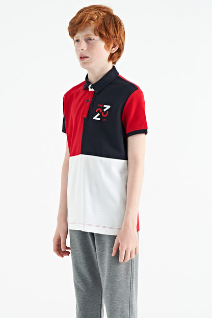 Red Color Block Embroidered Detailed Standard Fit Polo Collar Boys T-Shirt - 11108
