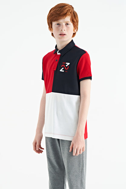 Red Color Block Embroidered Detailed Standard Fit Polo Collar Boys T-Shirt - 11108