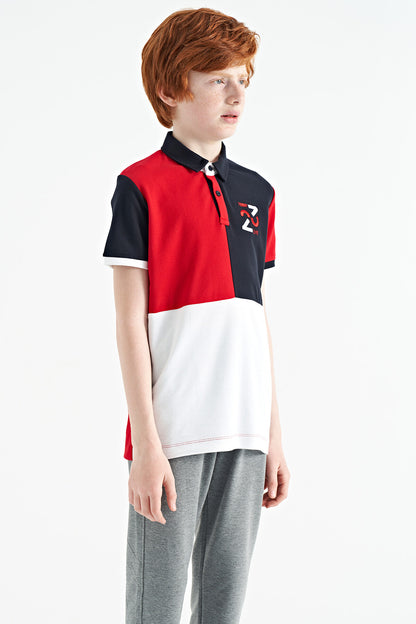 Red Color Block Embroidered Detailed Standard Fit Polo Collar Boys T-Shirt - 11108