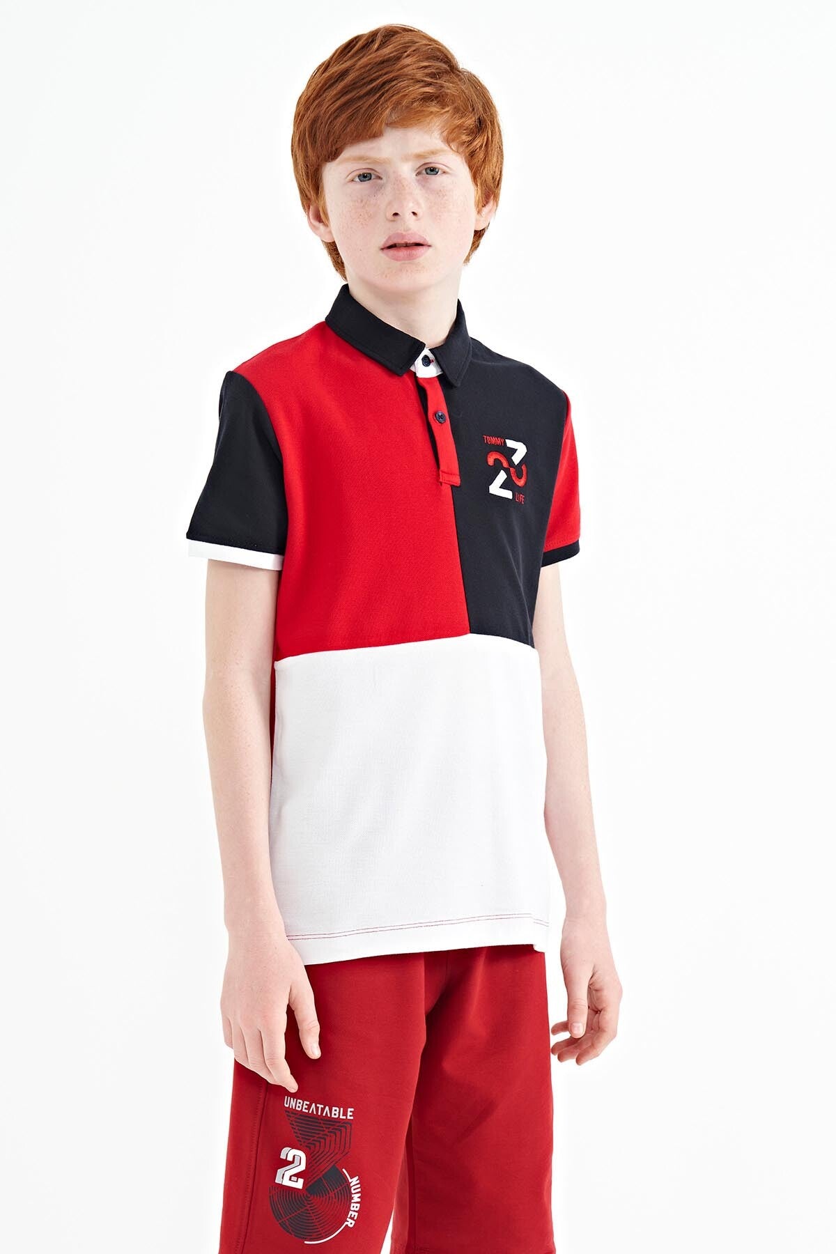 Red Color Block Embroidered Detailed Standard Fit Polo Collar Boys T-Shirt - 11108