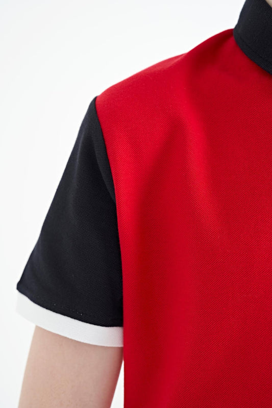 Red Color Block Embroidered Detailed Standard Fit Polo Collar Boys T-Shirt - 11108
