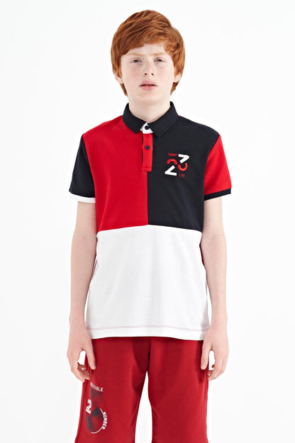 Red Color Block Embroidered Detailed Standard Fit Polo Collar Boys T-Shirt - 11108