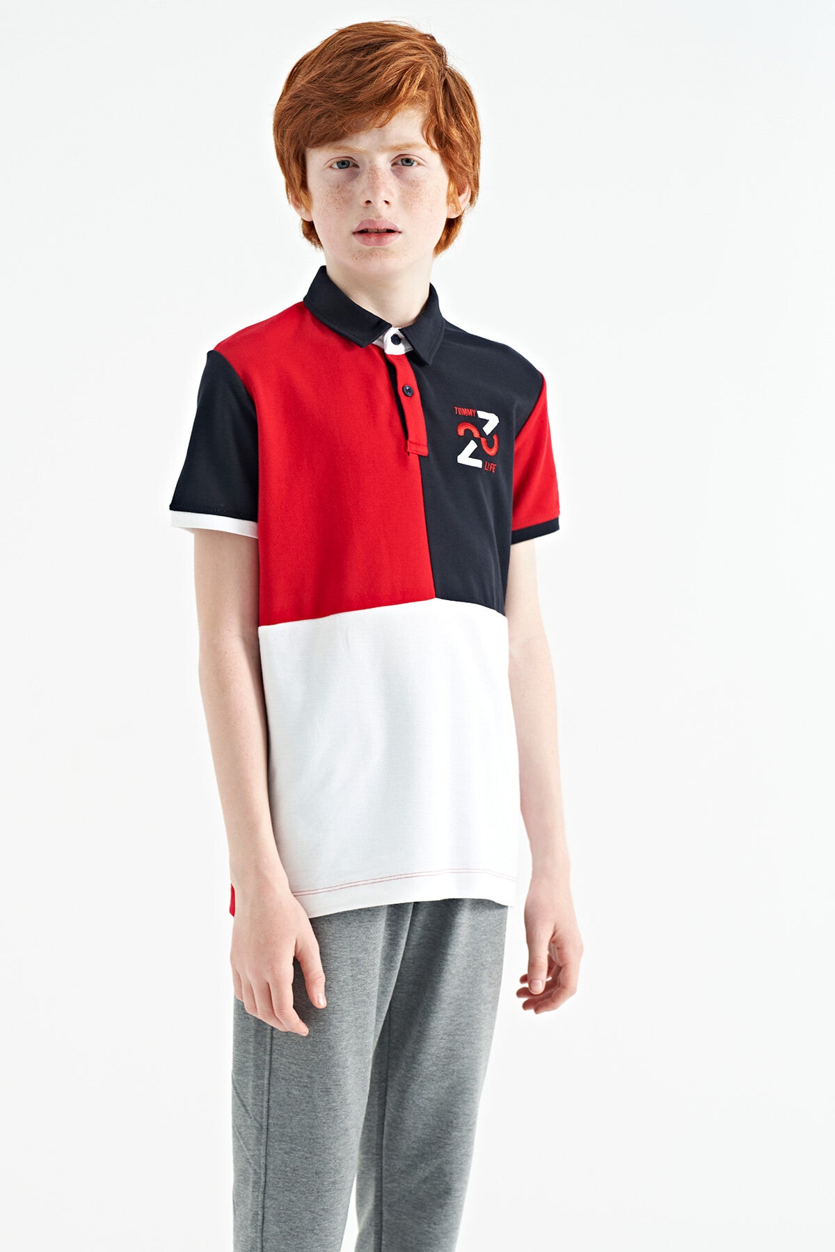Red Color Block Embroidered Detailed Standard Fit Polo Collar Boys T-Shirt - 11108