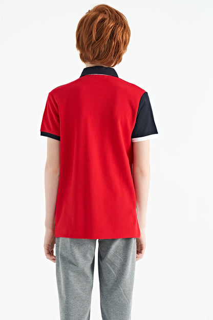 Red Color Block Embroidered Detailed Standard Fit Polo Collar Boys T-Shirt - 11108