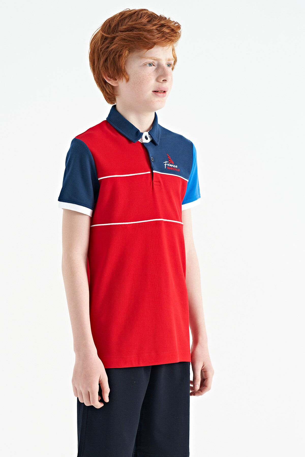 Red Color Block Embroidered Letter Detailed Standard Pattern Polo Collar Boys T-Shirt - 11109