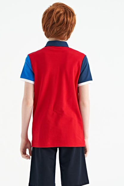 Red Color Block Embroidered Letter Detailed Standard Pattern Polo Collar Boys T-Shirt - 11109