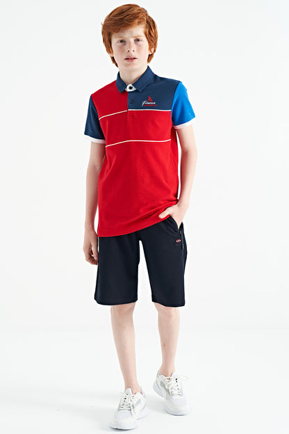 Red Color Block Embroidered Letter Detailed Standard Pattern Polo Collar Boys T-Shirt - 11109