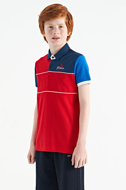 Red Color Block Embroidered Letter Detailed Standard Pattern Polo Collar Boys T-Shirt - 11109