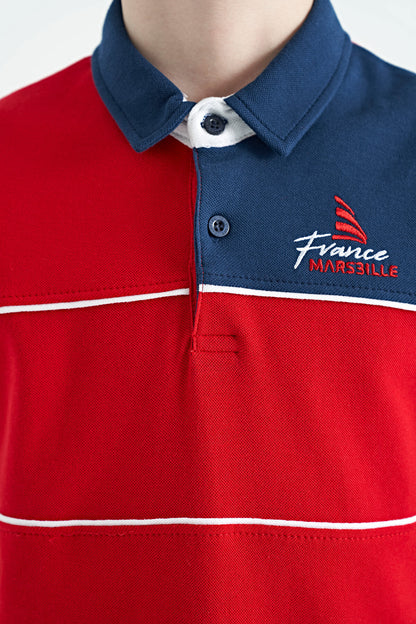 Red Color Block Embroidered Letter Detailed Standard Pattern Polo Collar Boys T-Shirt - 11109