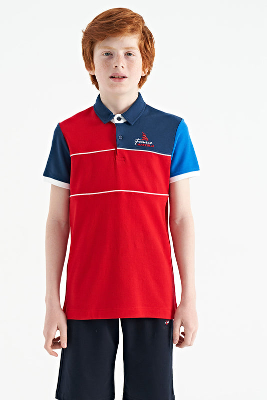 Red Color Block Embroidered Letter Detailed Standard Pattern Polo Collar Boys T-Shirt - 11109
